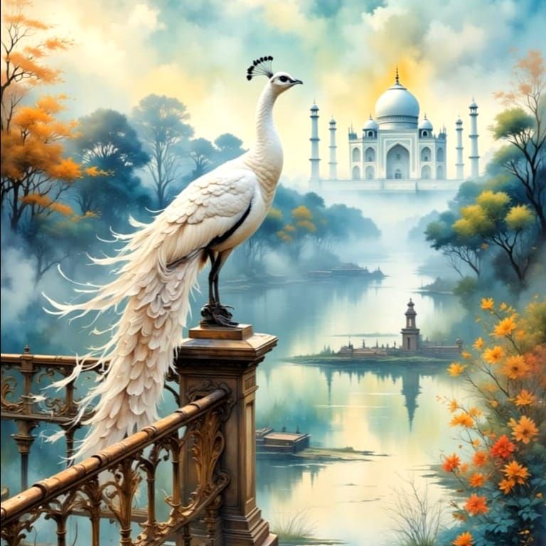 White Peacock Overlooking Taj Mahal: Watercolor Painting