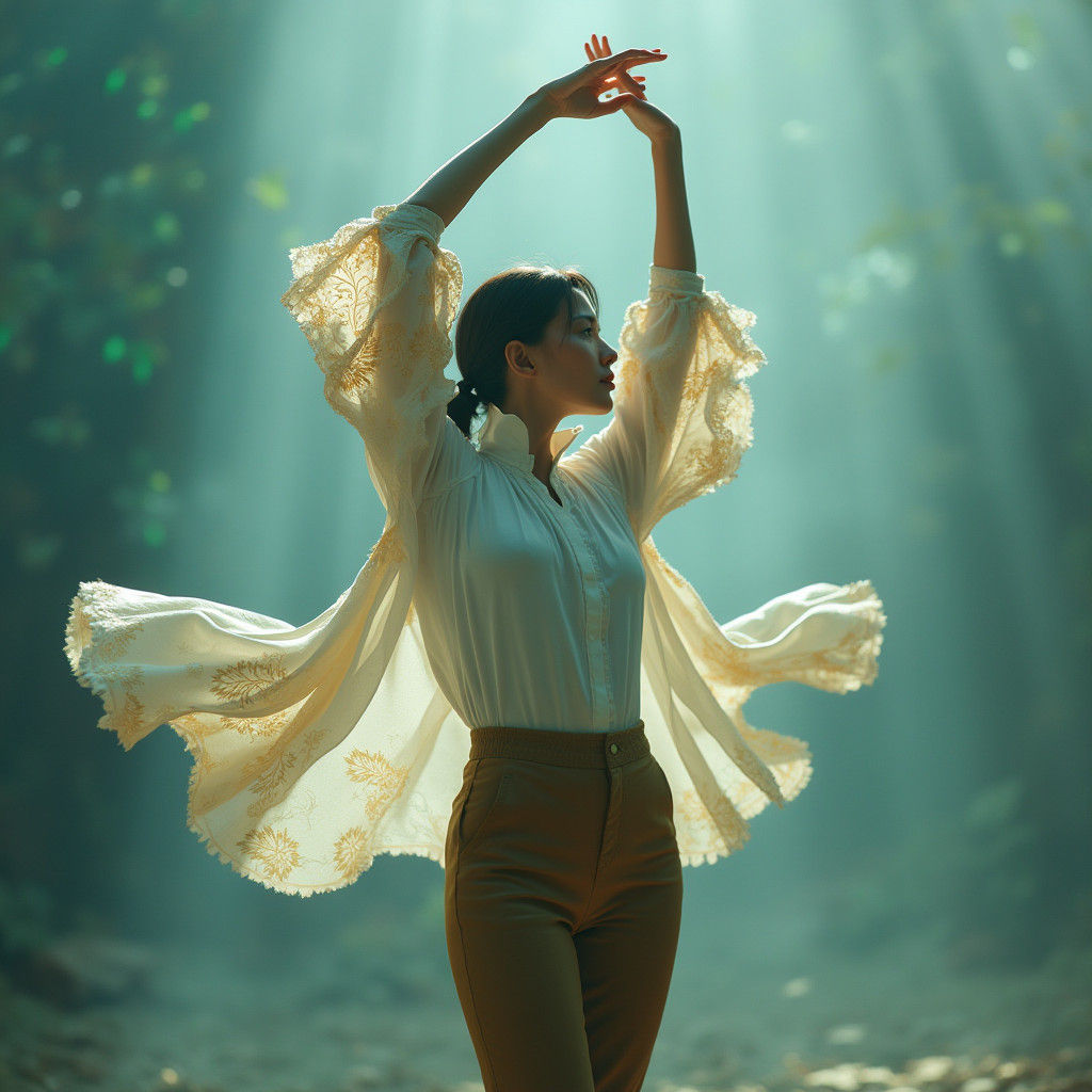 Ethereal Figure in Flowing Shirt Against Misty Backdrop