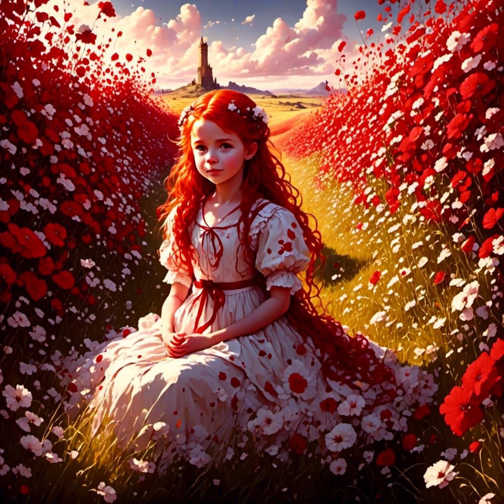 Anime Girl in Flower Field at Golden Hour