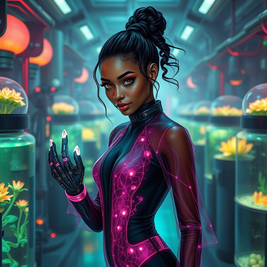 Bioluminescent Cyberpunk: Woman in Futuristic Lab