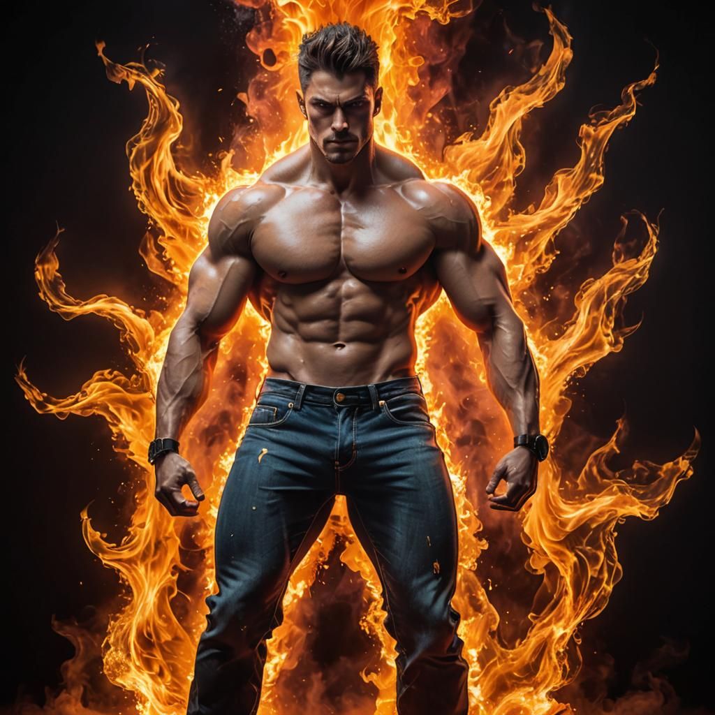 Muscular Man in Fiery Setting with Futuristic Screen
