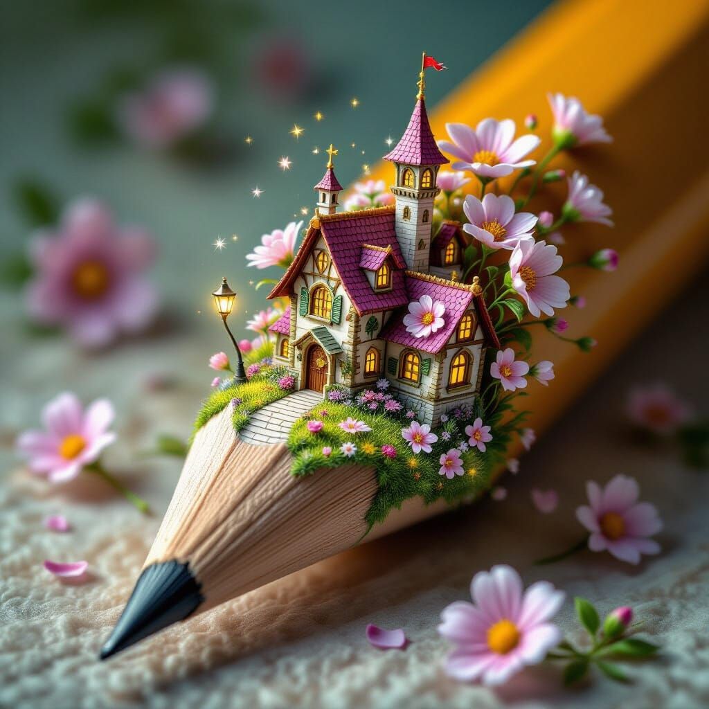 Whimsical Fairy Tale Town Emerging From Flowers On A Pencil
