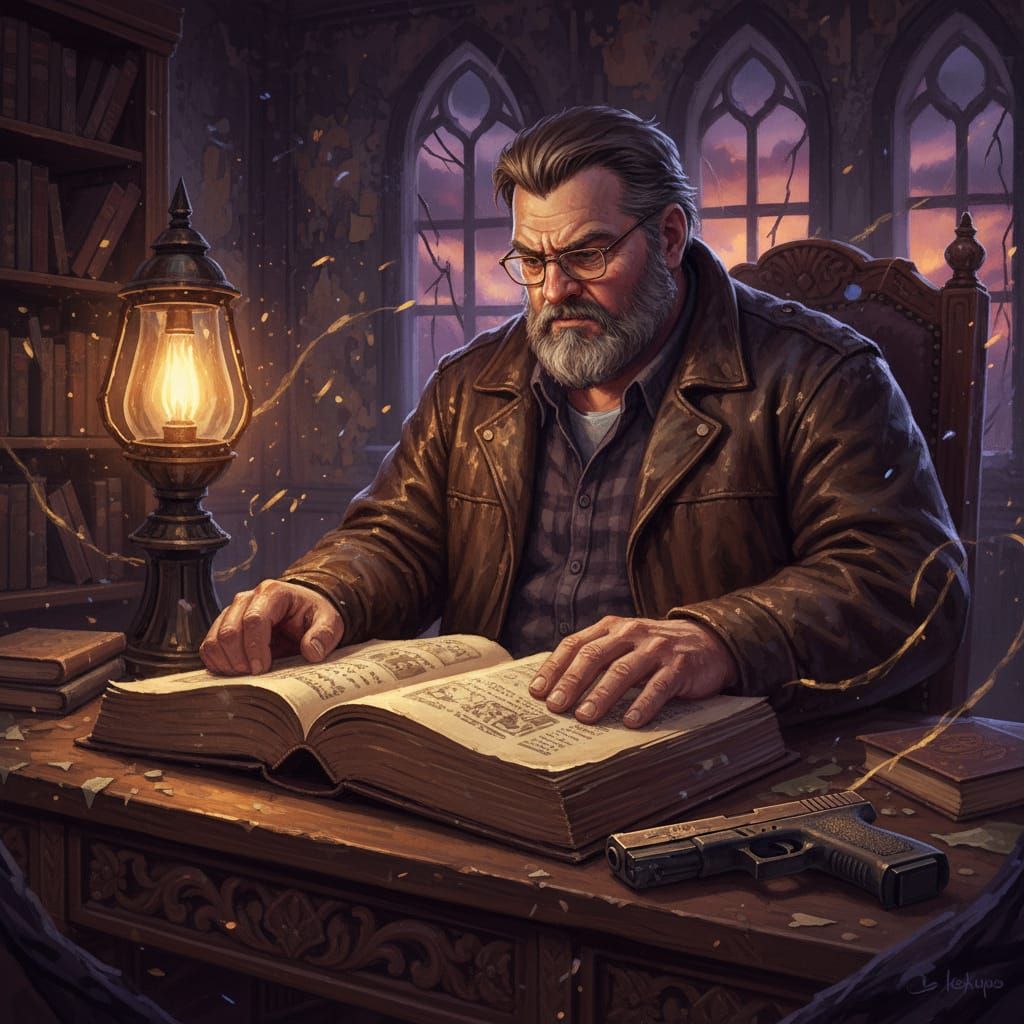 Man Reading Book in Dark Study with Glock, Fantasy Art