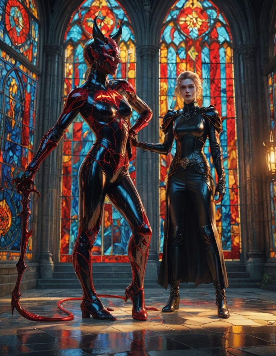 Latex Devil in Front of Stained Glass Building