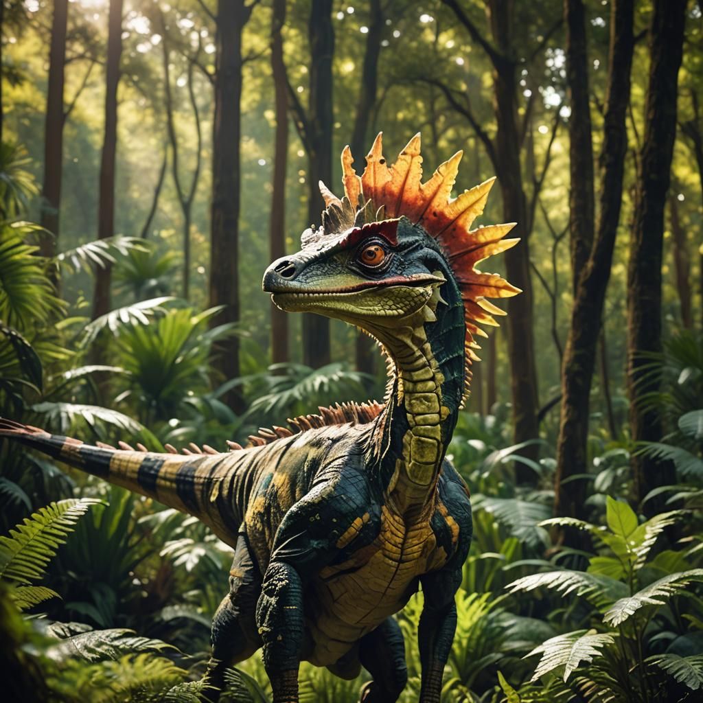 Surreal Dilophosaurus in a Tropical Forest