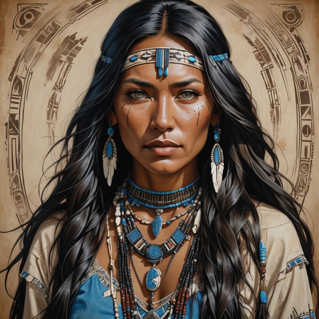 Beautiful Native American Woman with Expressive Blue Eyes