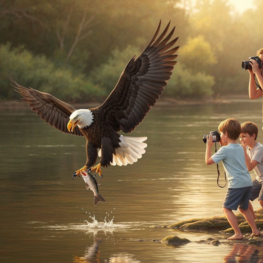 Bald Eagle Captures Fish, Kids Watch in Awe