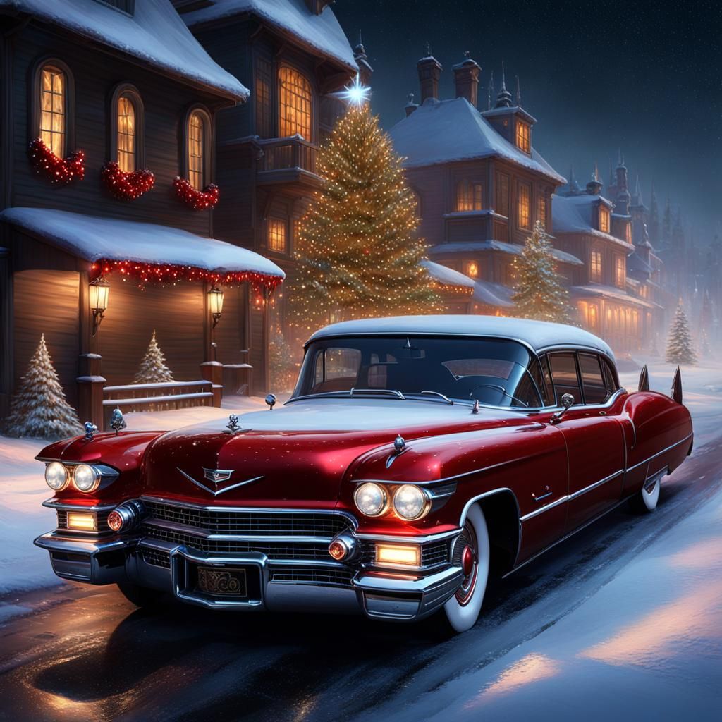 Santa's Christmas Cadillac Under a Snowy Sky