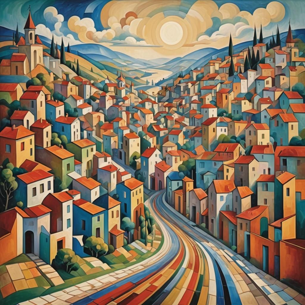 Colorful Road to Flaxen Town: Abstract Cubism Art