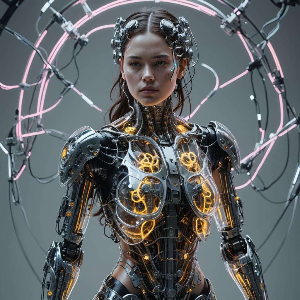 Cyborg Woman with Glass Rib Cage and Neon Cables