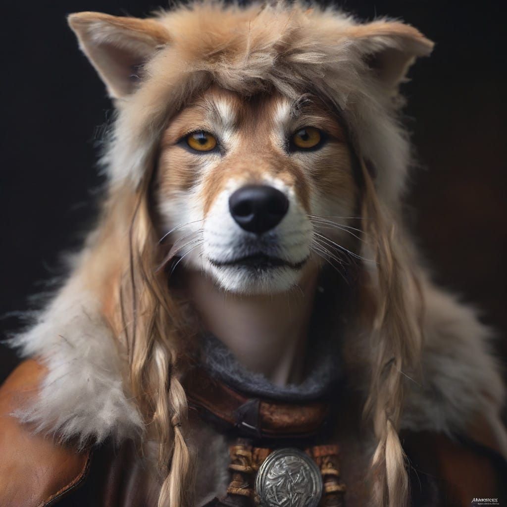 Majestic Dog Woman Wears Leather Armor, Holds Crossbow in Hi...