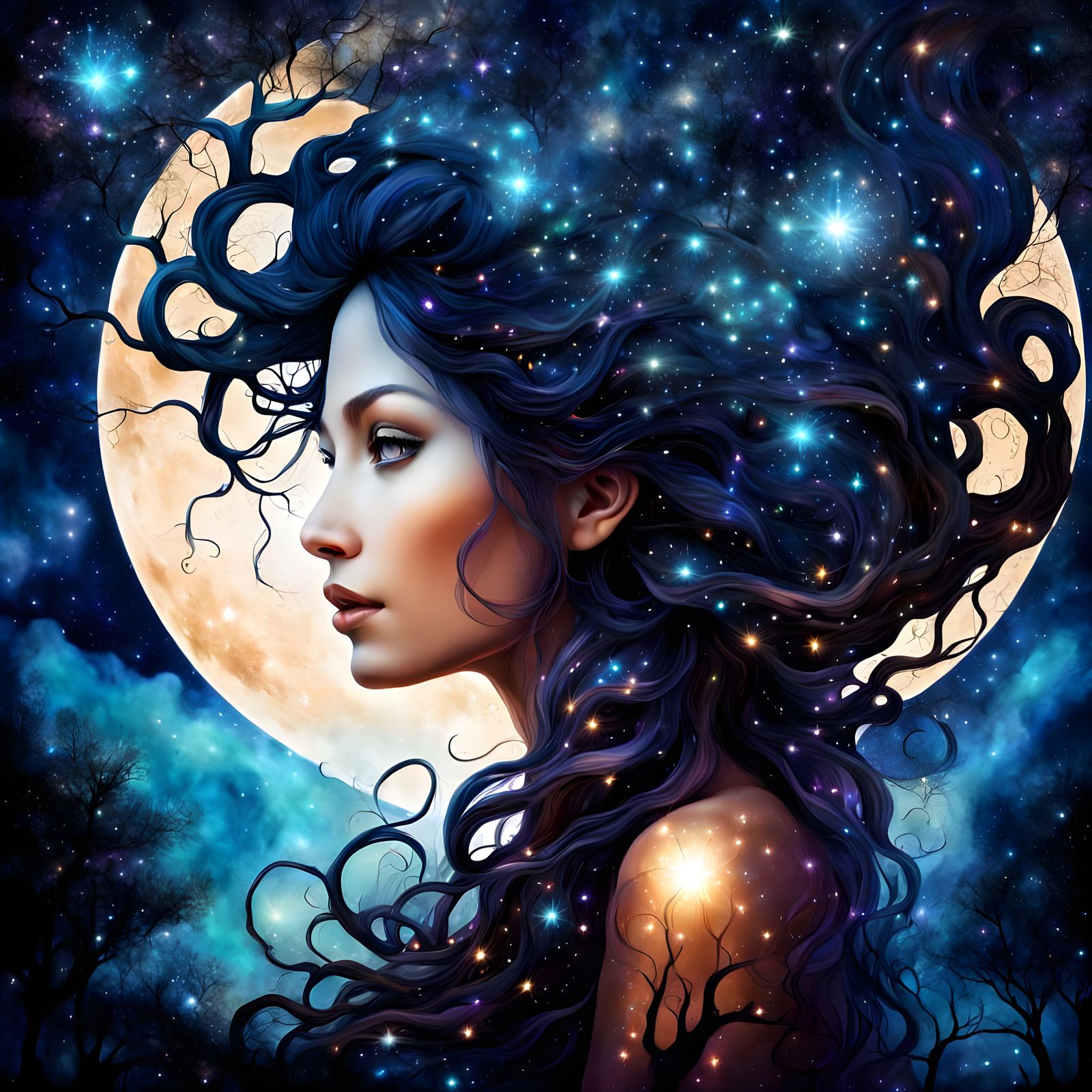 Cosmic Woman Perched on Ancient Tree
