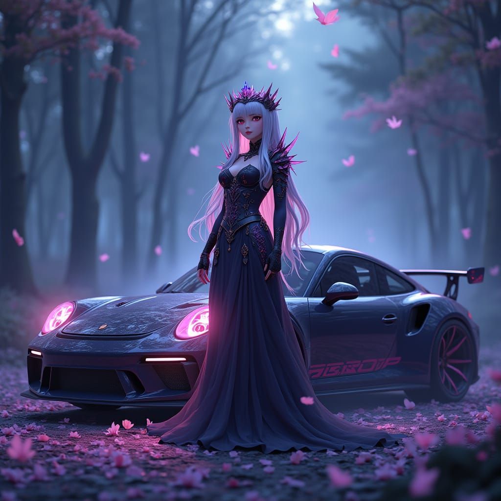 Anime Empress and Modified Porsche in Fantasy Forest