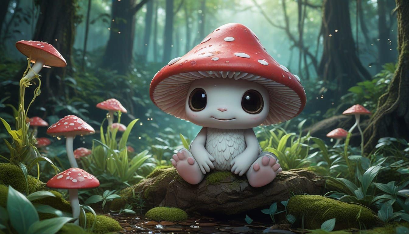 Chibi Mushroom Alien in Vibrant Jungle
