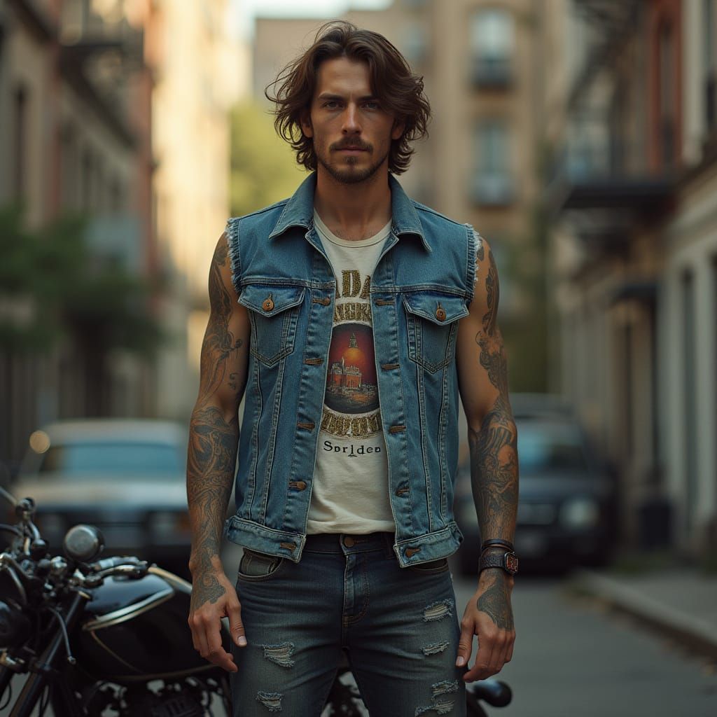 Gritty Photo of Man with Tattoos Near Motorcycle