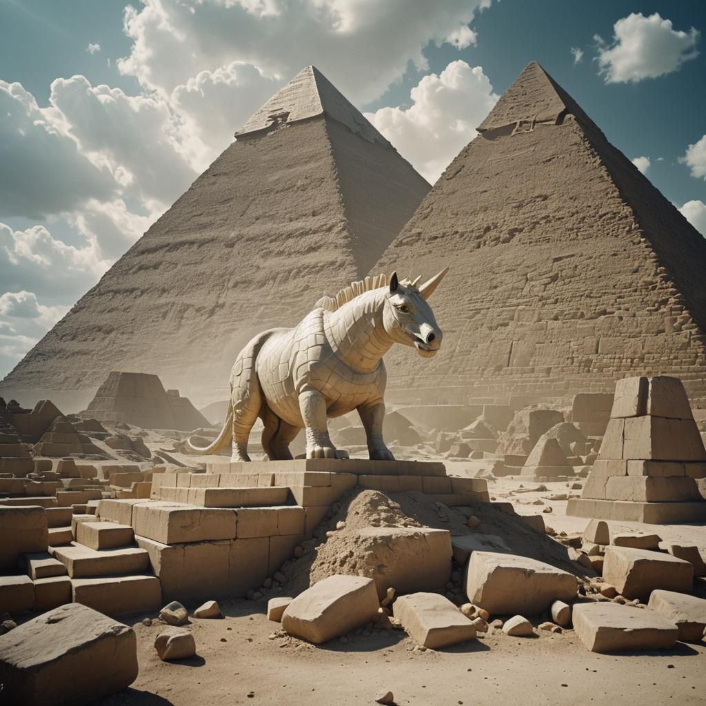 Unicorn Under Lit Pyramid on Cloud with Snakes