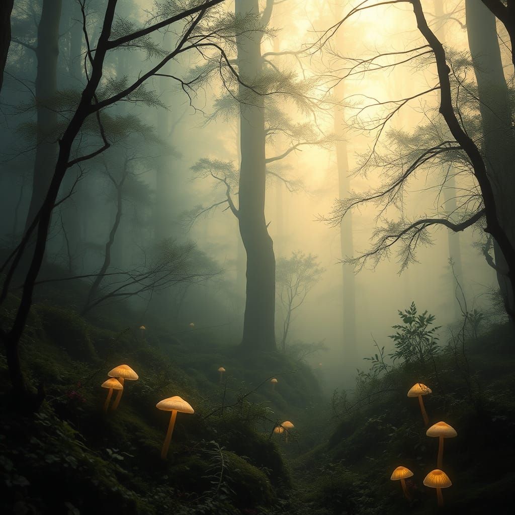 Golden Light Illuminates Mystical Forest with Whispers of Wo...