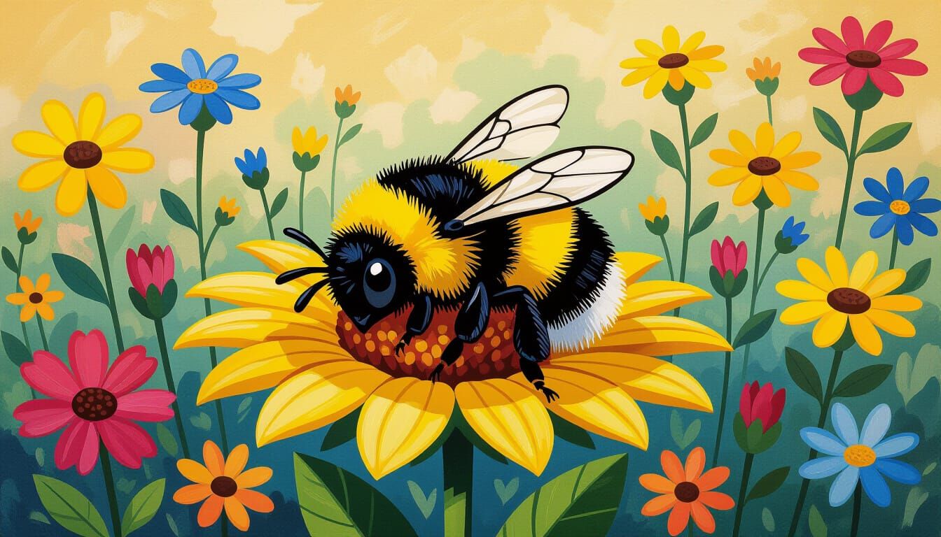 Cartoon Bumblebee Sleeping in Gouache Style Flower Bed