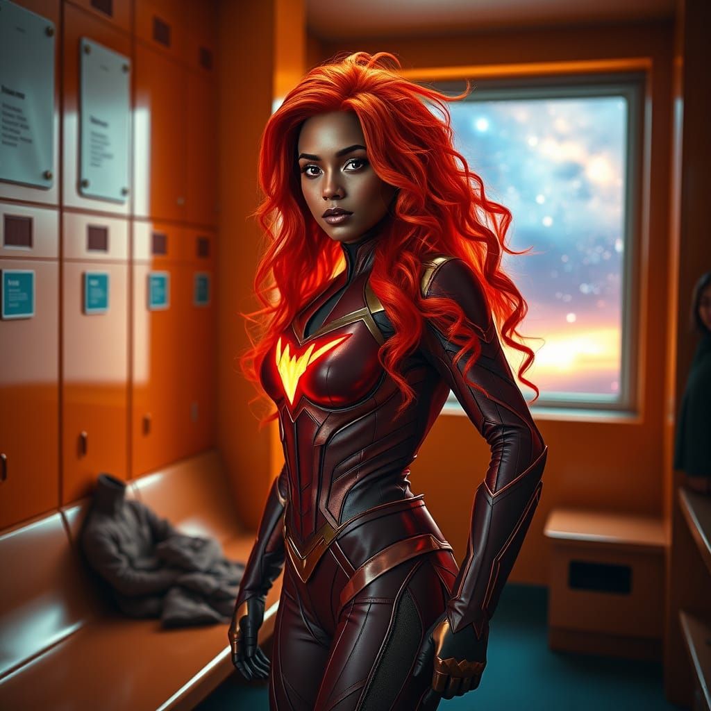Starfire in Orange Locker Room with Fiery Hair