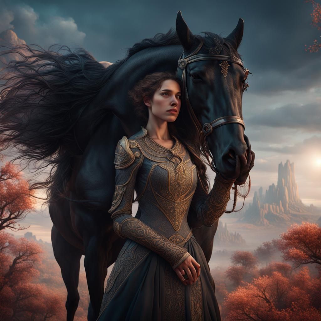 Woman and Stallion: Detailed Fantasy Concept Art