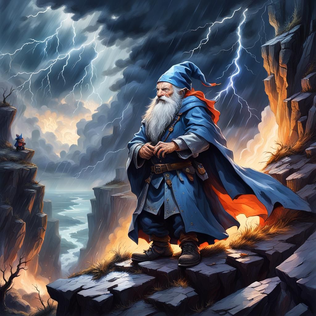 Gnome Stands Against Storm in Fantasy Landscape