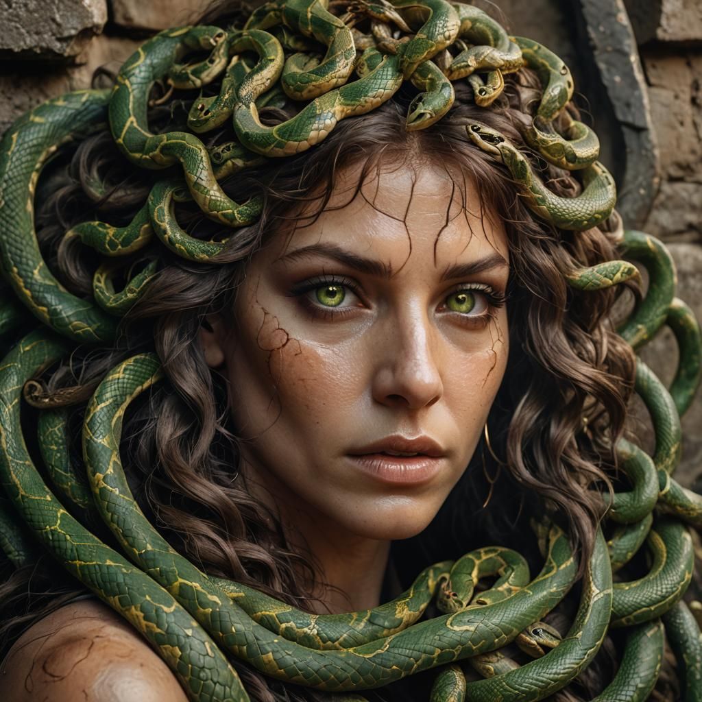 Medusa Portrait with Snake Hair in Ancient Ruins