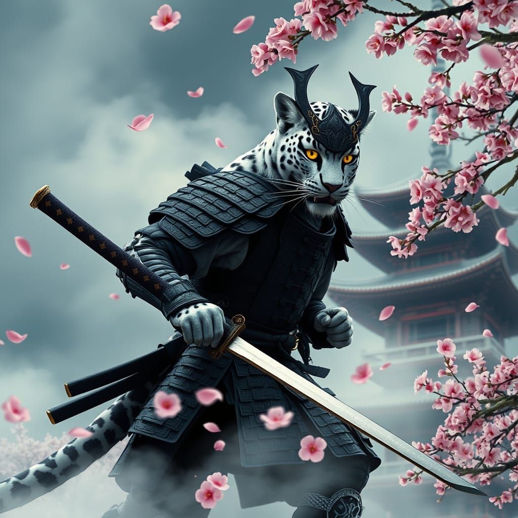 Snow Leopard Samurai on Pagoda with Cherry Blossoms