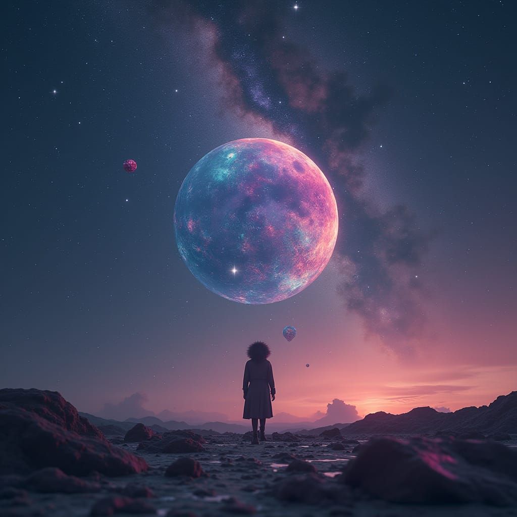 Lone Figure in Starry Galaxy with Iridescent Tear