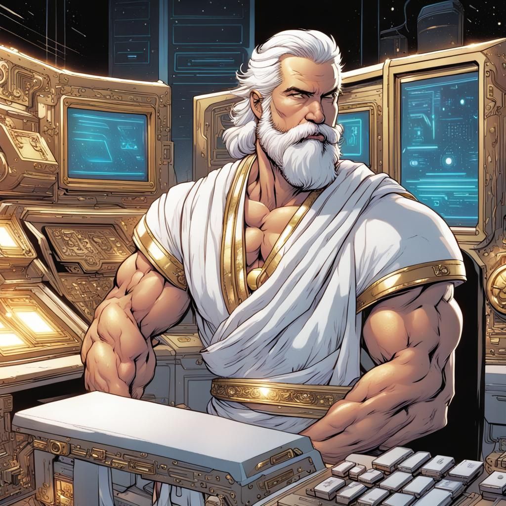 Futuristic Hephaestus at Computer Terminal, Comic Book Art