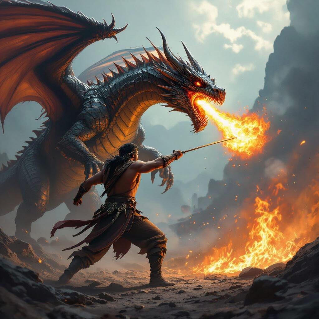 Man Battles Fire-Breathing Dragon with Axe
