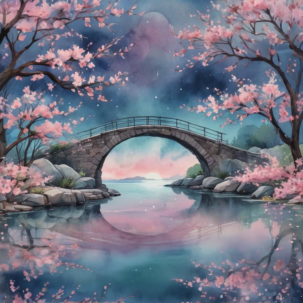 Cherry Blossoms and Crescent Moon in Watercolor Style