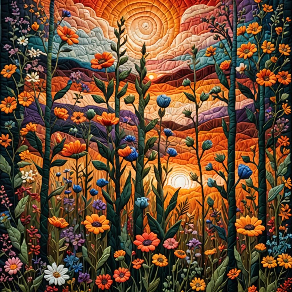 Hyper-Realistic Quilt Art of Sunset with Wildflowers