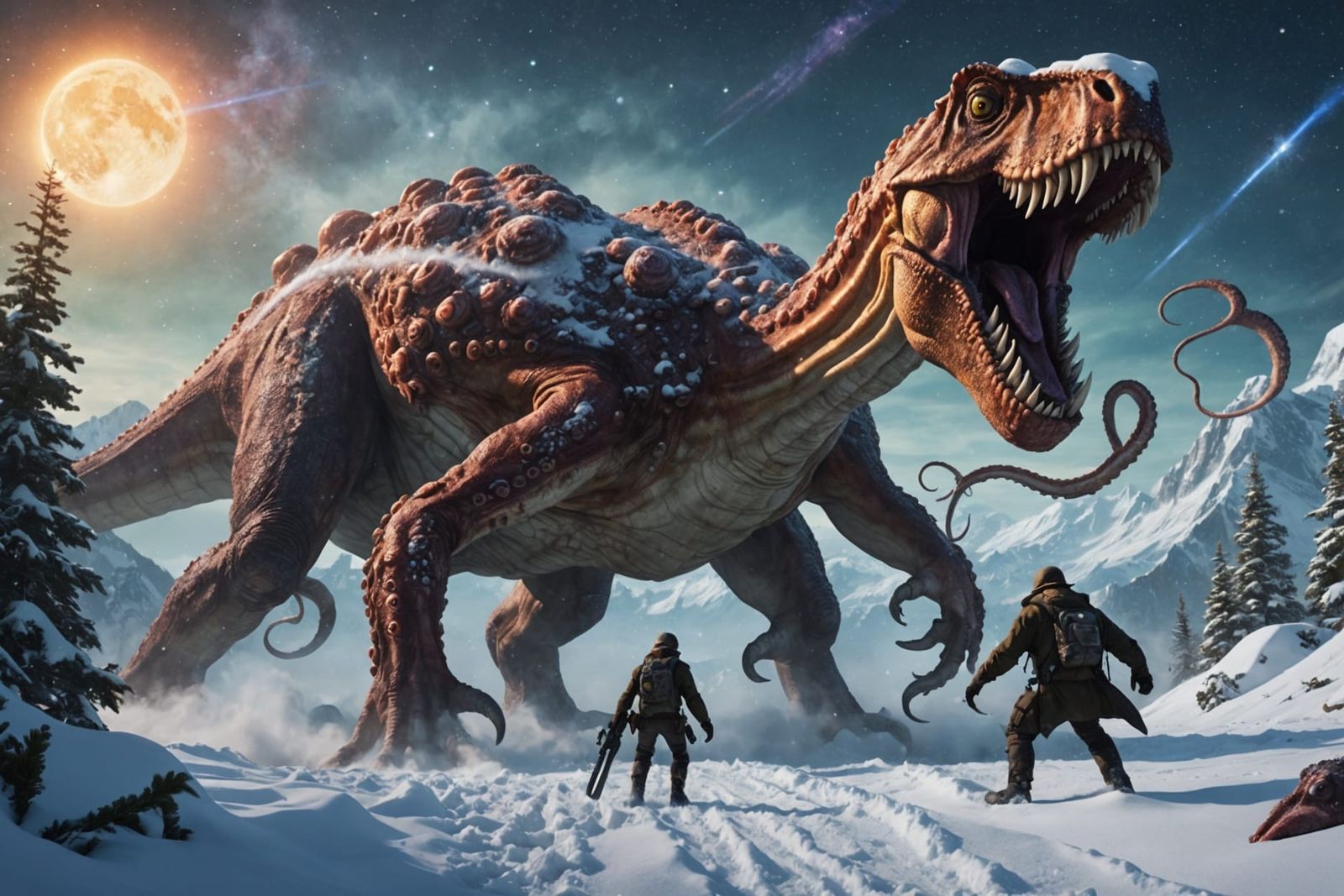 Giant Octopus Attacks T-Rex on Snowy Exoplanet