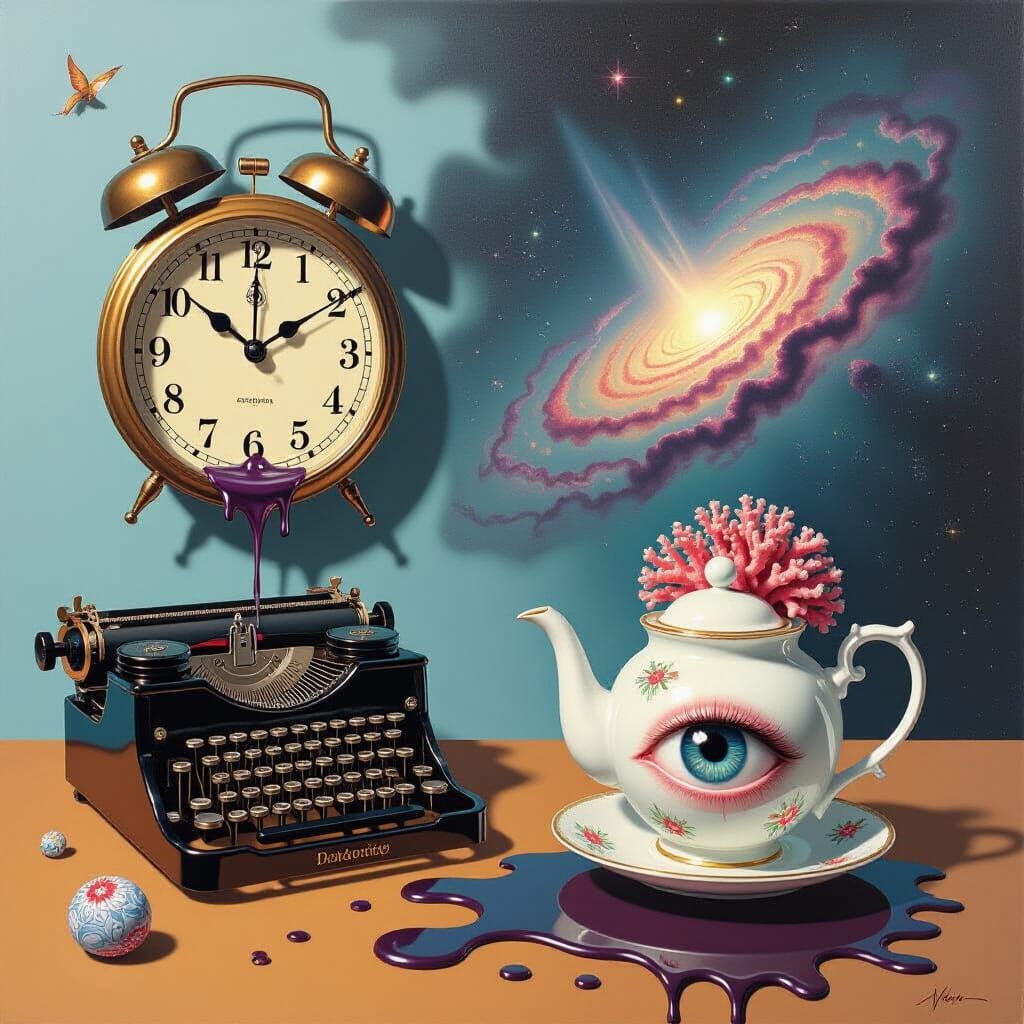 Surreal Collage: Melting Clock, Sprouting Typewriter, Ink Ne...