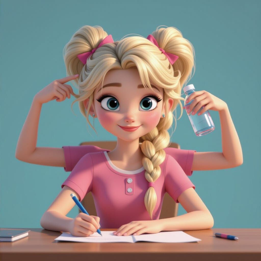 Confident Four-Armed Girl in Disney Pixar Style