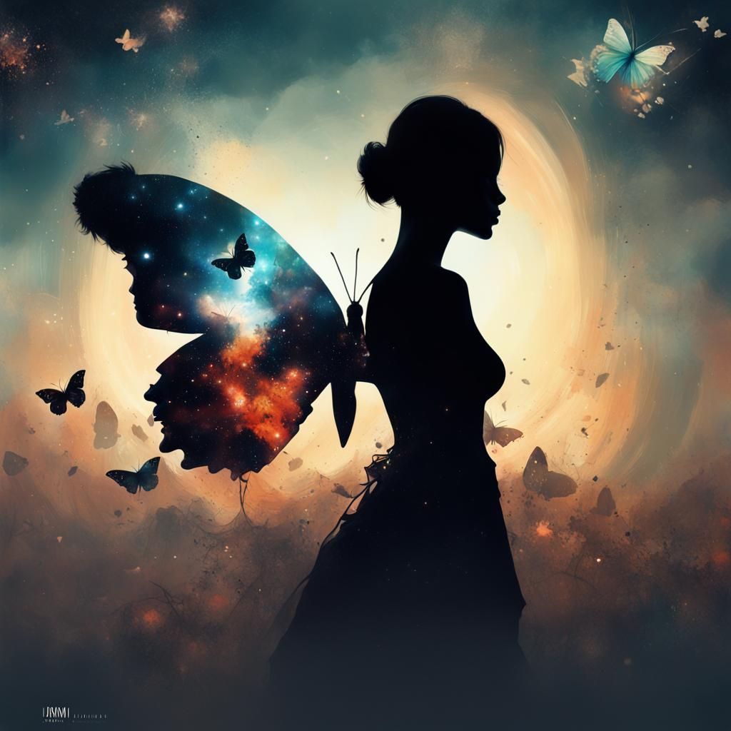 Galaxy Butterfly Double Exposure Silhouette in Detailed Matt...
