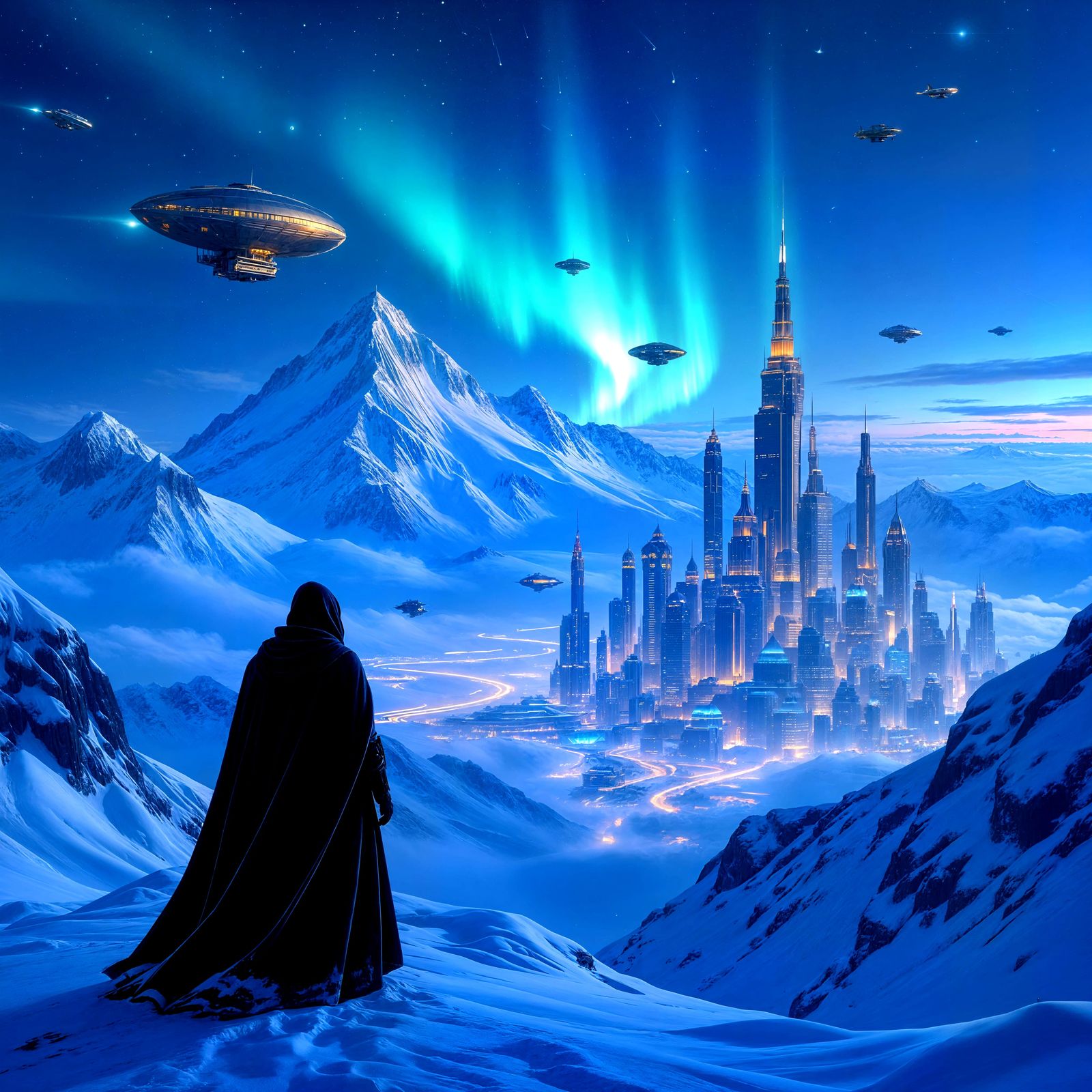 Cloaked Figure Overlooks Futuristic Steampunk City at Twilig...