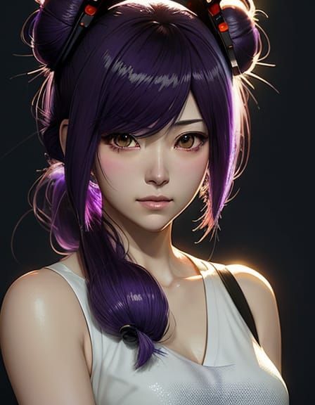 Anime Style Portrait of a Cosplayer with Vibrant Purple Hair