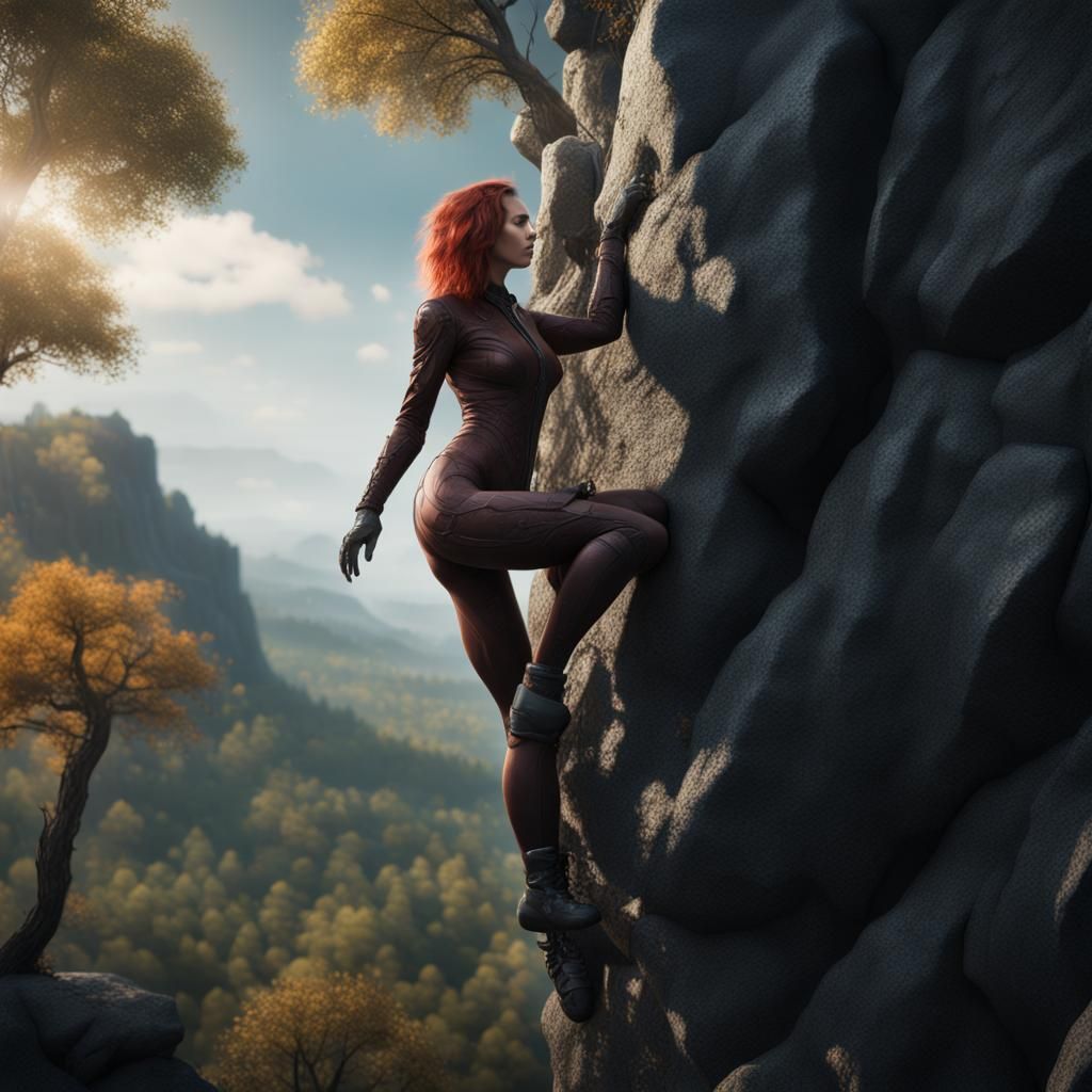 Catsuit Woman Climbing Rock in Forest: Matte Painting