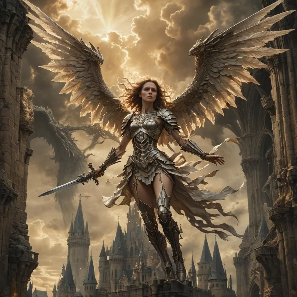 Angel of Wrath Soaring Over Dragon Skeleton Castle