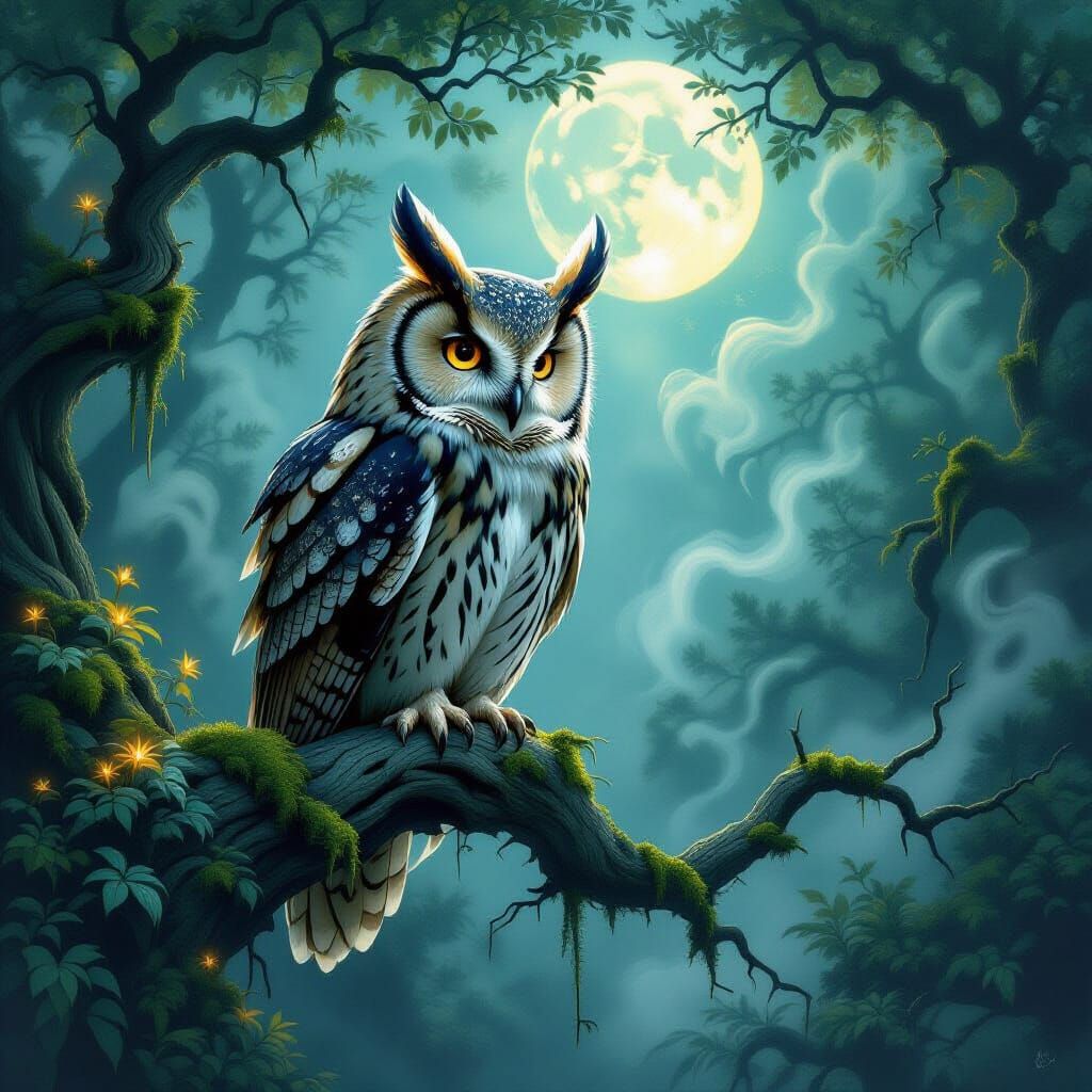 Majestic Owl in Enchanted Forest Moonlight
