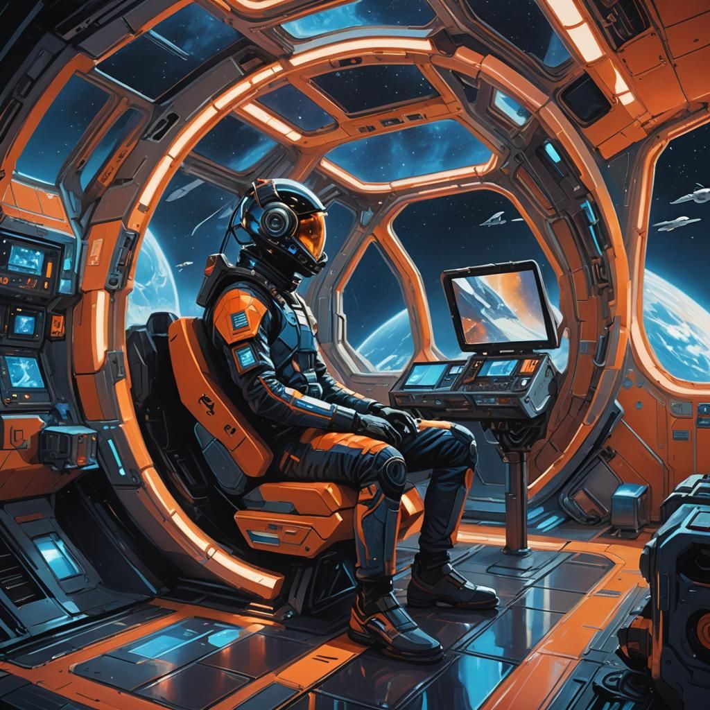 Futuristic Space Station Oil Painting in Syd Mead Style