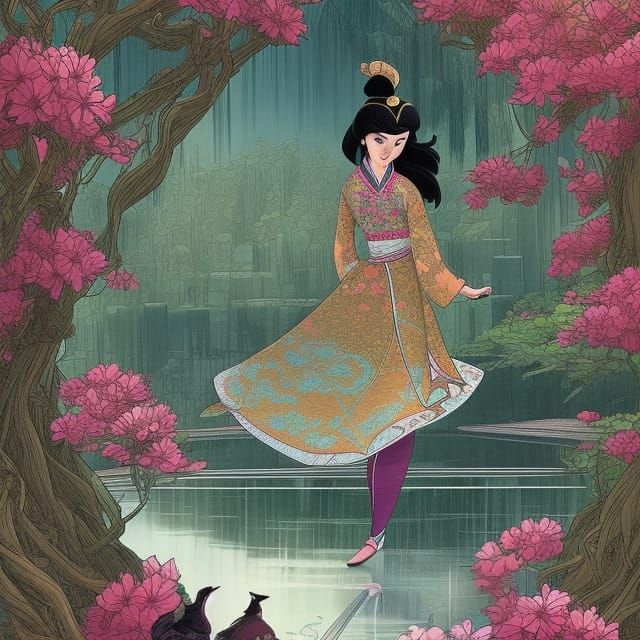 Mulan in Dynamic Pose Digital Painting