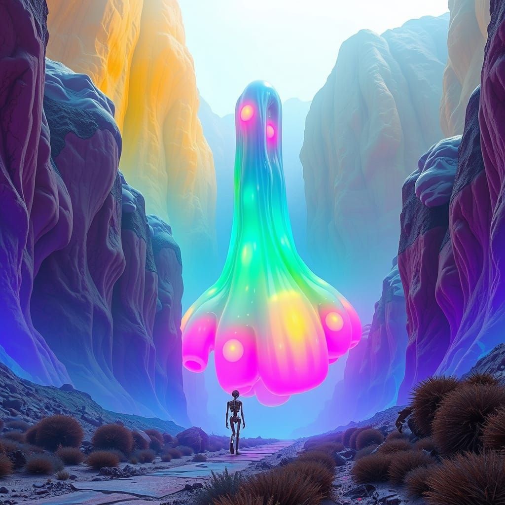 Giant Translucent Slime Walks in a Valley