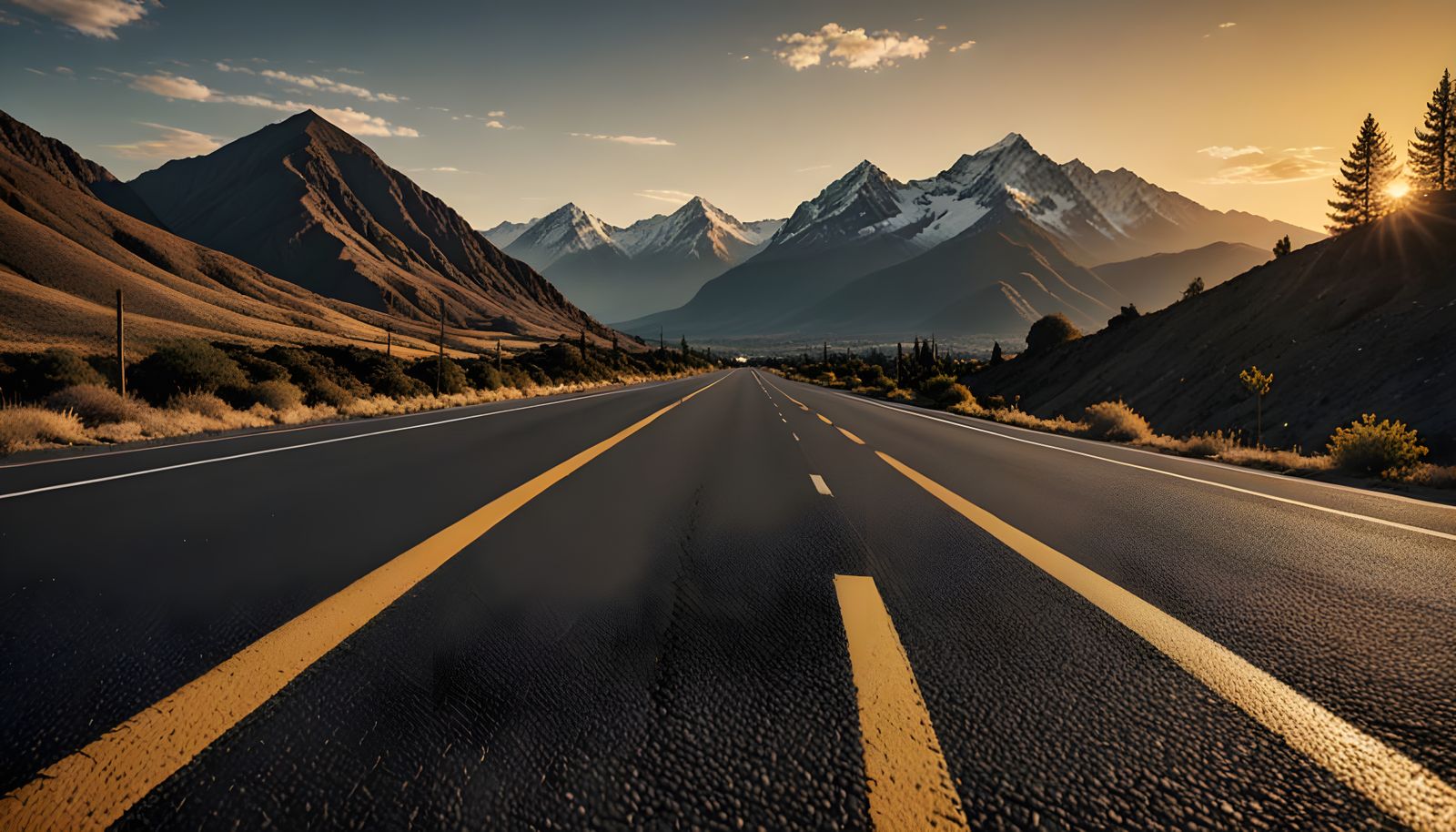 Asphalt Road with Yellow Line and Mountain View