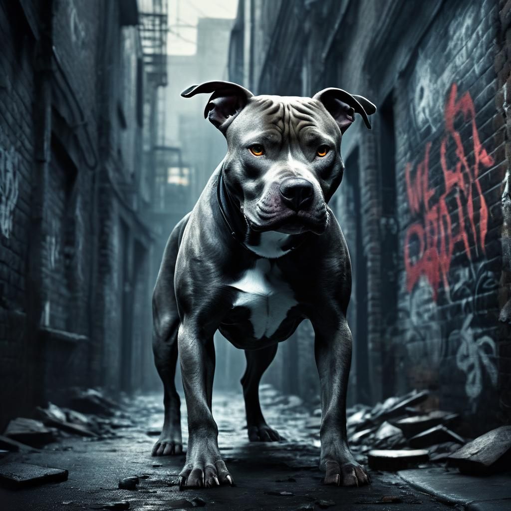 Aggressive Pitbull in Dark Alley as Gothic Street Art