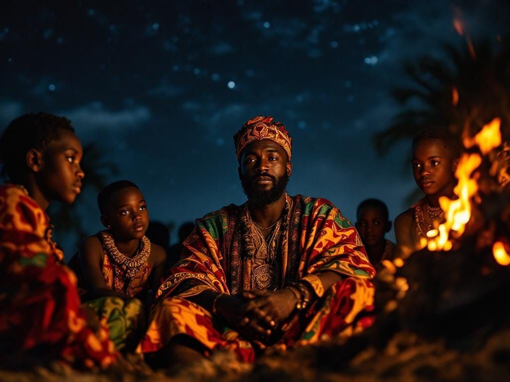 African Griot Storytelling Under Night Sky
