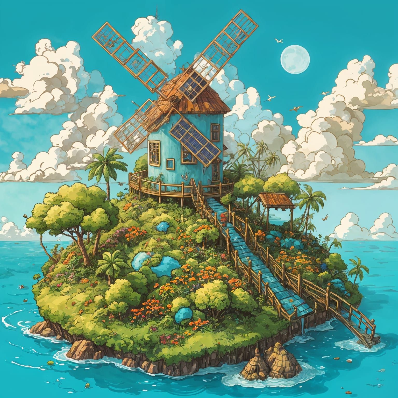 Surreal Solarpunk Island with Windmill and Solar Panels