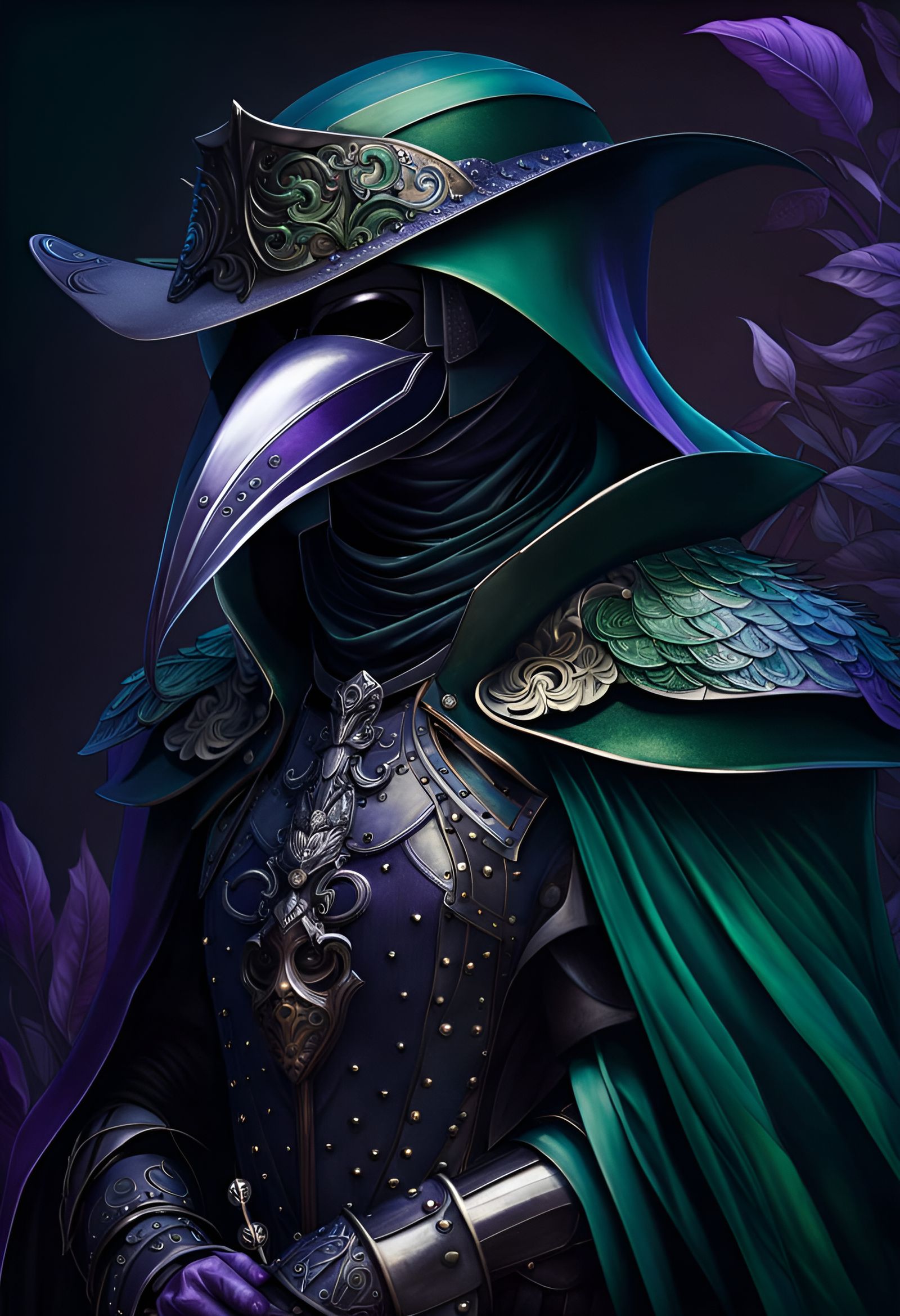 Armored Plague Doctor Knight Portrait in Art Nouveau Style