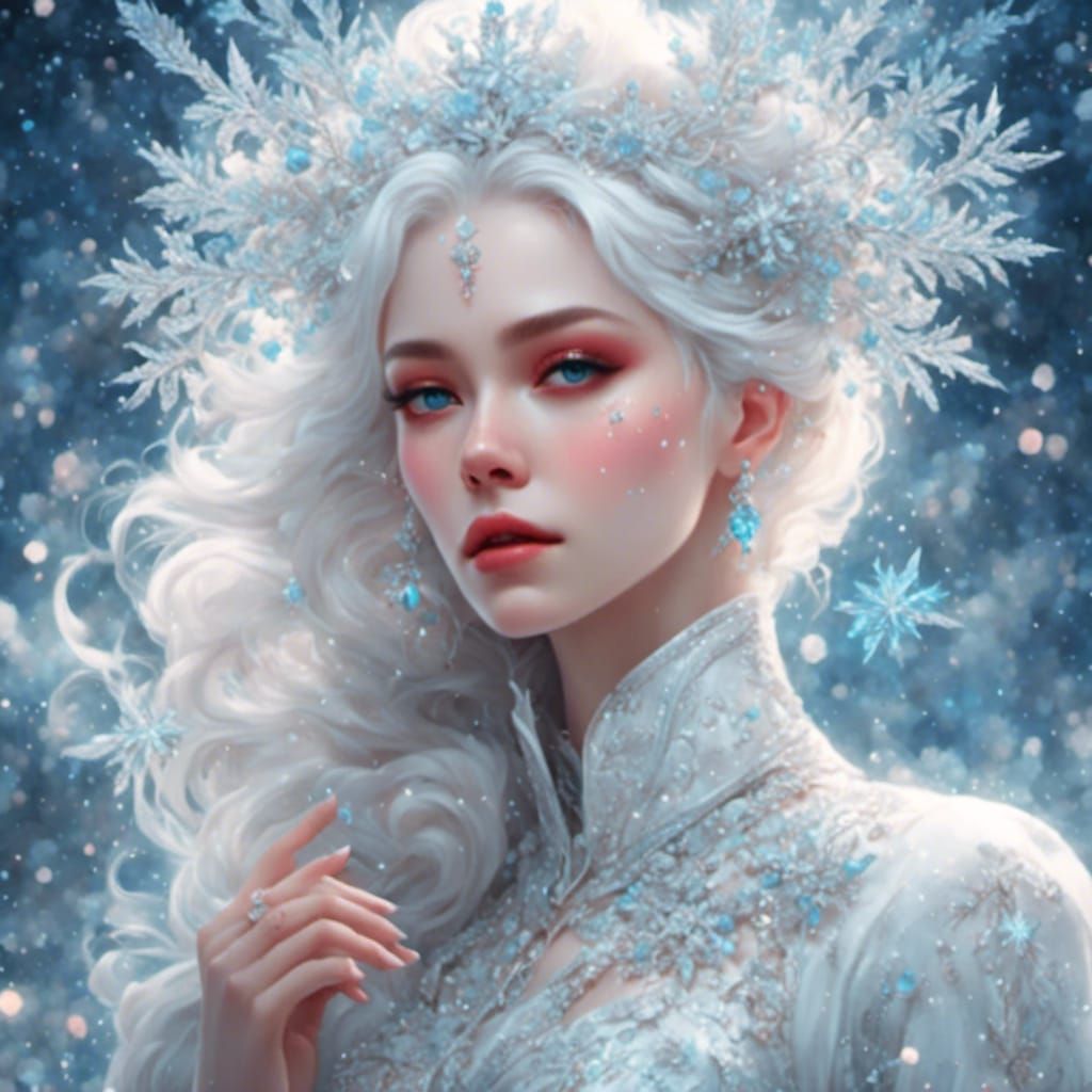 Beautiful Woman in White with Snowflakes